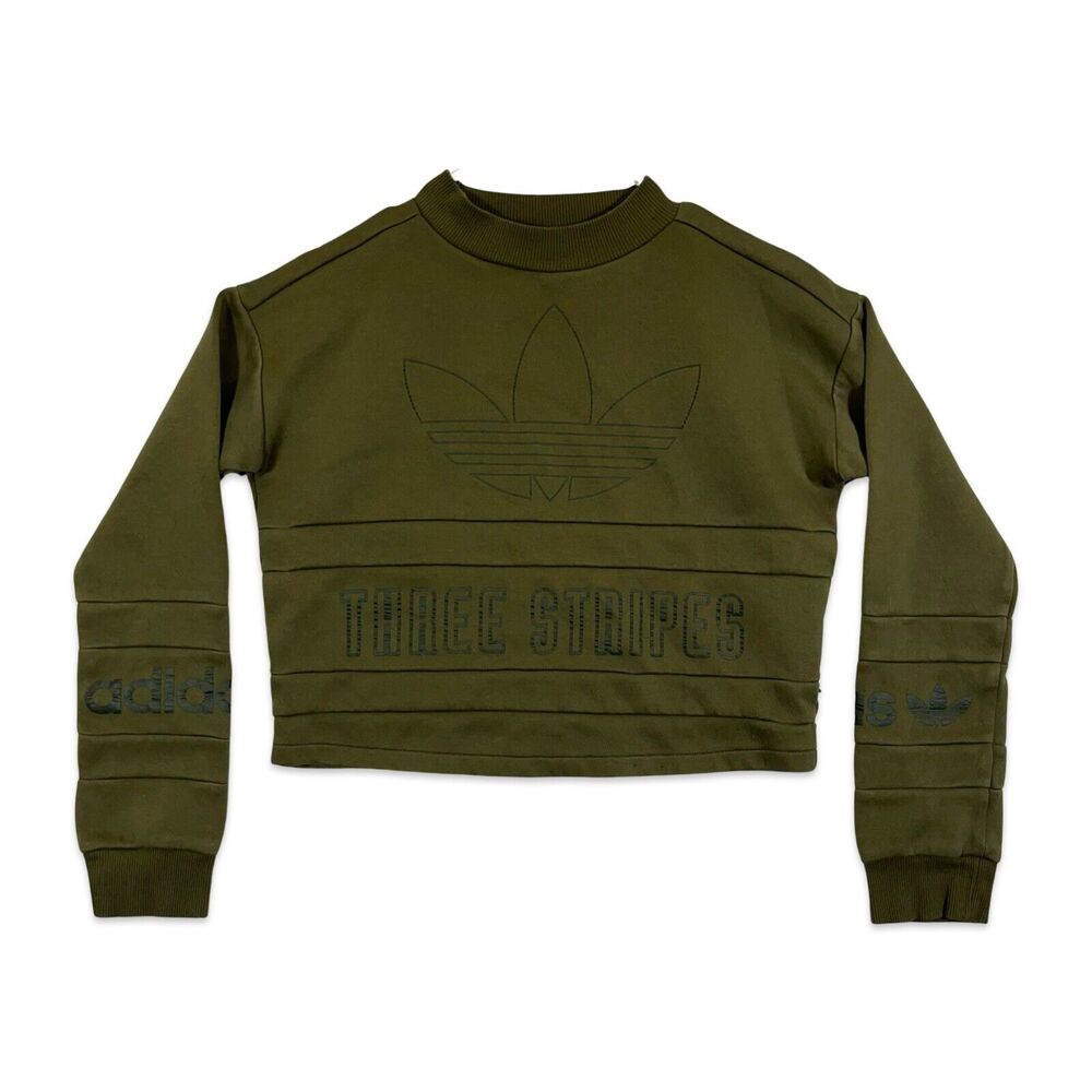 Adidas Women’s Sweatshirt Crop Crew Neck Olive Green Size Small Three Stripe